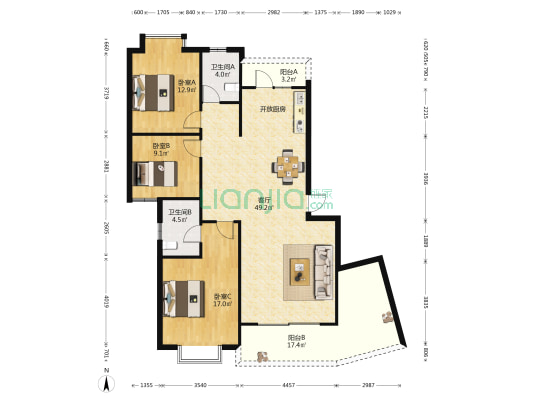 清华蓝湾 3室1厅2卫 134平方