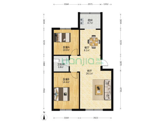 轻型小区 2室2厅1卫 88平方