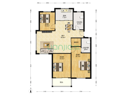 天河小区 3室1厅2卫 133平方