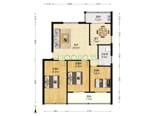 文化路78号 3室2厅1卫 105平方