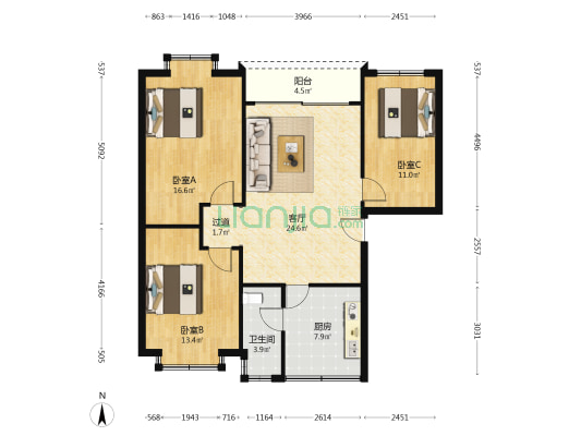 富丽阁 3室1厅1卫 90平方