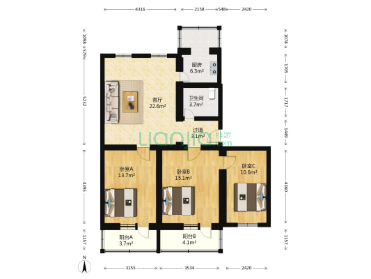 昌盛园二区 3室1厅1卫 105平方