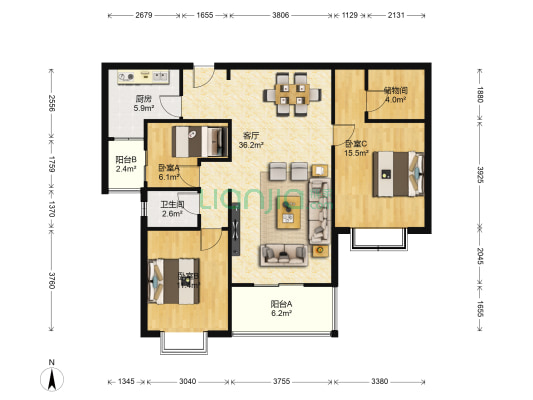 新紫薇鑫园 3室1厅1卫 116平方