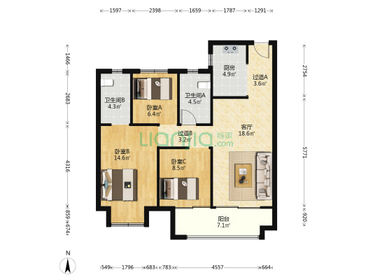 中骏世界城 3室1厅2卫 100平方