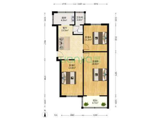 干槐树街8号 3室1厅1卫 69平方
