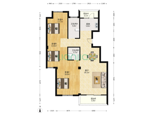 藏山丽景 3室1厅2卫 133平方