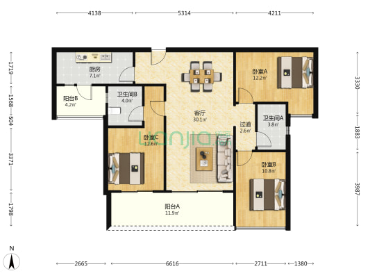 天麟府 3室1厅2卫 124平方