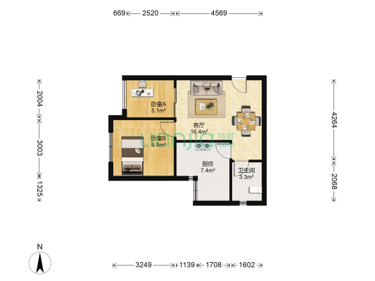渝开发上城时代 2室1厅1卫 52平方