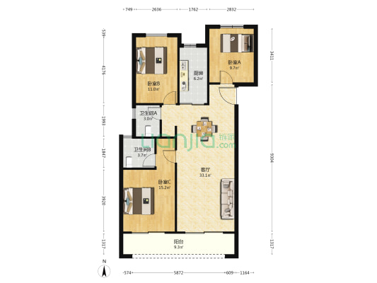 武汉·领峯 3室1厅2卫 117平方