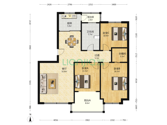 文园花园 3室1厅1卫 126平方