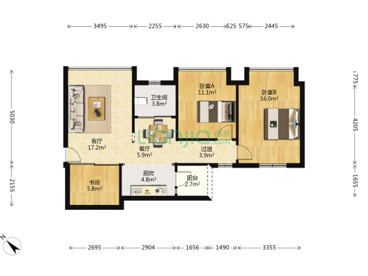 上锦美地 3室2厅1卫 93平方