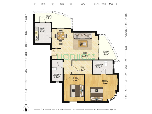 仁恒滨江园 2室1厅2卫 118平方