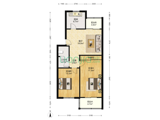 中山门西里 2室1厅1卫 77平方