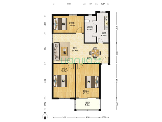 华莘花园 3室1厅1卫 105平方