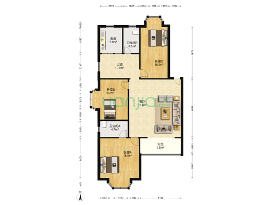 紫竹园A区 3室1厅2卫 128平方