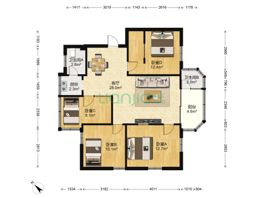桥北三区 4室1厅2卫 95平方