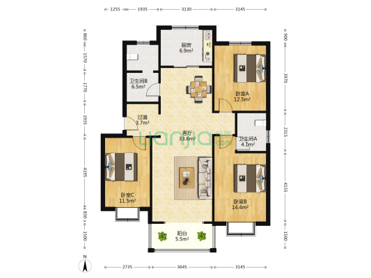 西环青年汇 3室1厅2卫 130平方