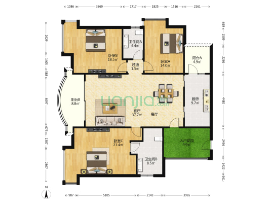 汇景新城中央庭院 3室1厅2卫 166平方