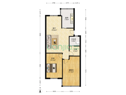 石灰坝25号 1室1厅1卫 90平方