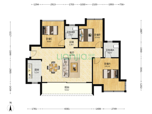 德胜·世纪桃源 3室1厅2卫 103平方