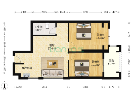 屏东城 2室1厅1卫 75平方
