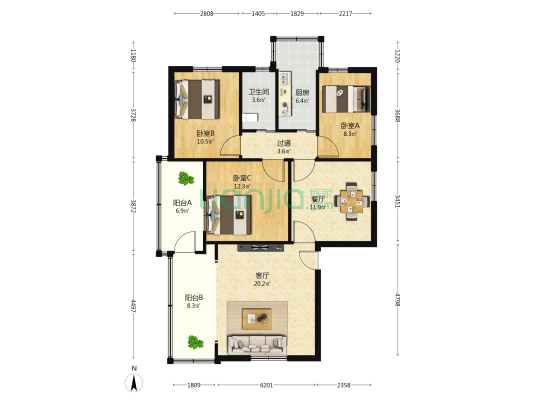 福建海洋研究所 3室2厅1卫 75平方