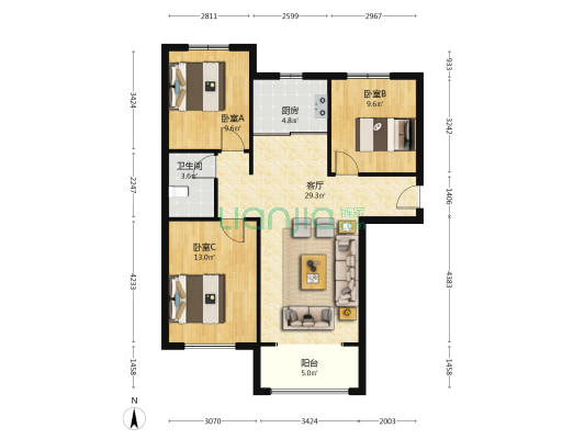 欧派全屋定制，品牌家具家电，南北通透大F-户型图