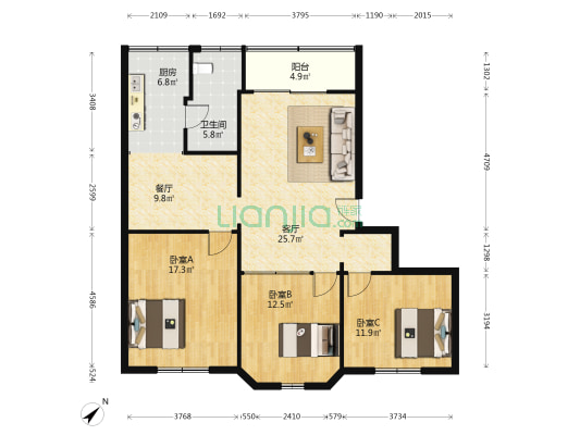 西体路8号 3室2厅1卫 108平方