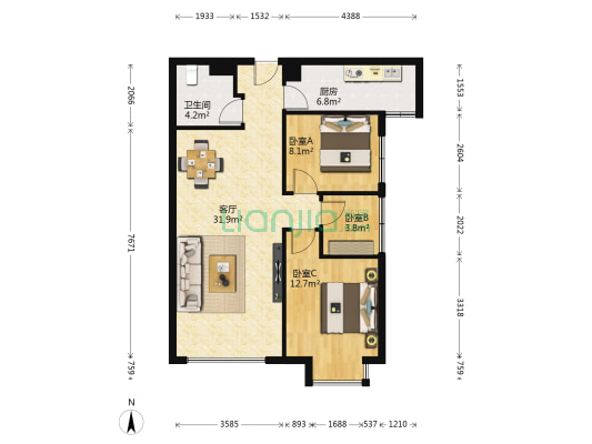 幸福家园(安宁区) 3室1厅1卫 87平方