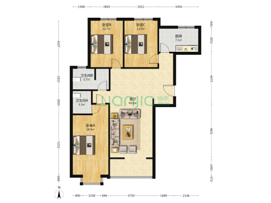 澜湖国际 3室1厅2卫 126平方