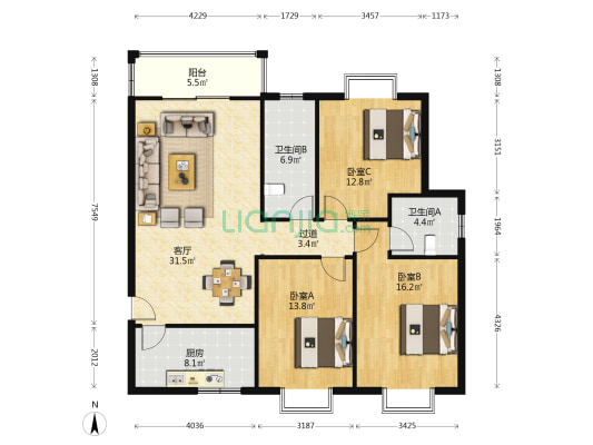 青年汇 3室1厅2卫 129平方