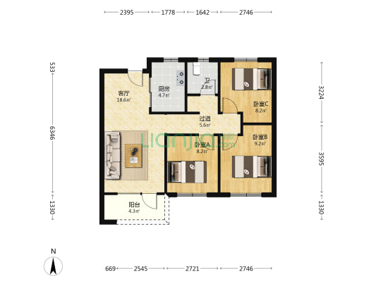 万科城望云起四季 3室1厅1卫 89平方