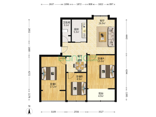 建国道烟草楼 3室1厅1卫 94平方