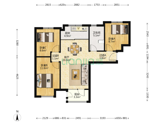 永定河孔雀城莱茵河谷 3室1厅1卫 92平方