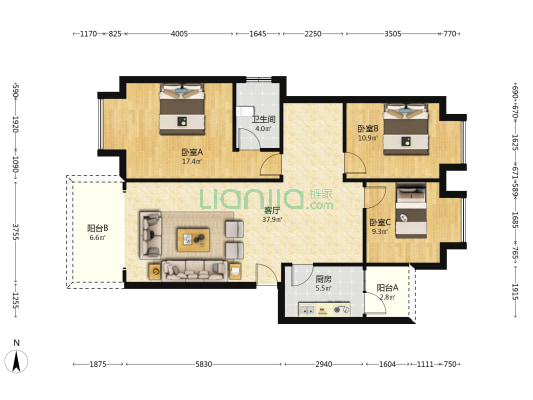 时代绿洲 3室1厅1卫 137平方