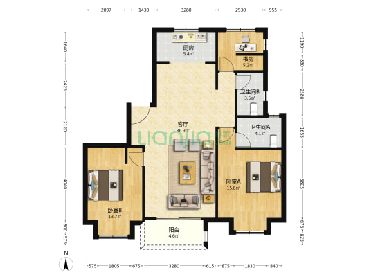 新喜云天花园 3室1厅2卫 129平方