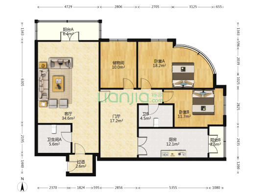 恒运花园 2室1厅2卫 175平方