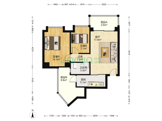 康达尔花园五期蝴蝶堡 2室1厅1卫 63平方