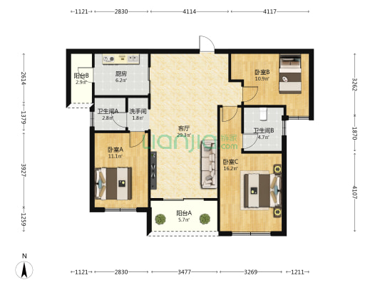 雅居乐金沙湾一期 3室1厅3卫 115平方