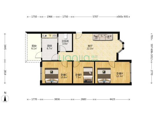 旗峰楼 3室1厅1卫 88平方