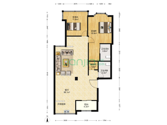 兴鳌花苑 2室1厅2卫 126平方