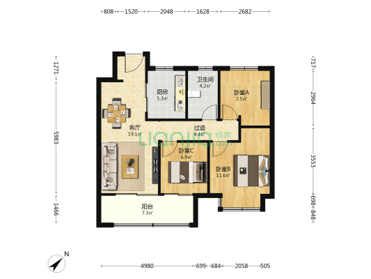 翡翠天悦星园三期 3室1厅1卫 89平方