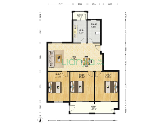 白龙花苑 3室1厅1卫 136平方