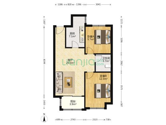 凤栖第 2室1厅1卫 86平方