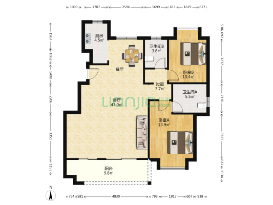 绿地晖悦花园 2室1厅2卫 110平方