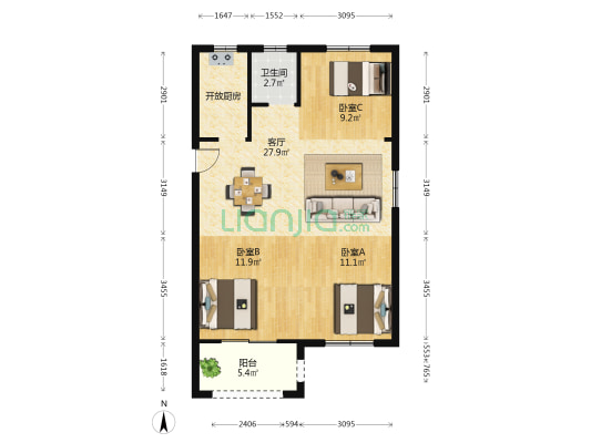 三迪枫丹雅筑南区 3室1厅1卫 88平方