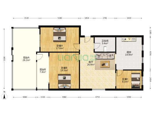 汇隆花园（俊苑) 3室1厅1卫 124平方
