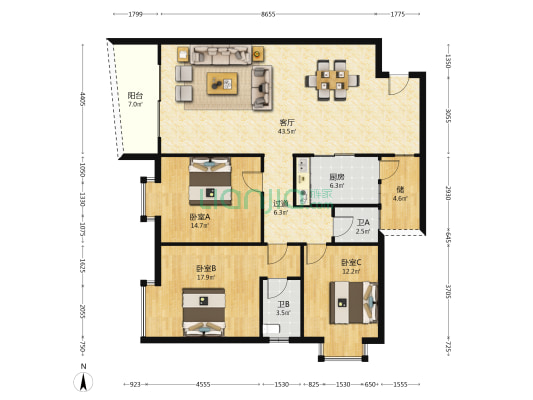 顺安居民楼 3室1厅2卫 132平方