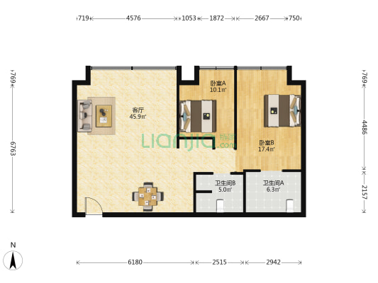 美丽园大厦 2室1厅2卫 153平方
