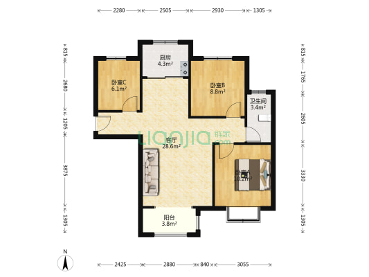 房本满二，南北通透精装修，带车库带地下室-户型图